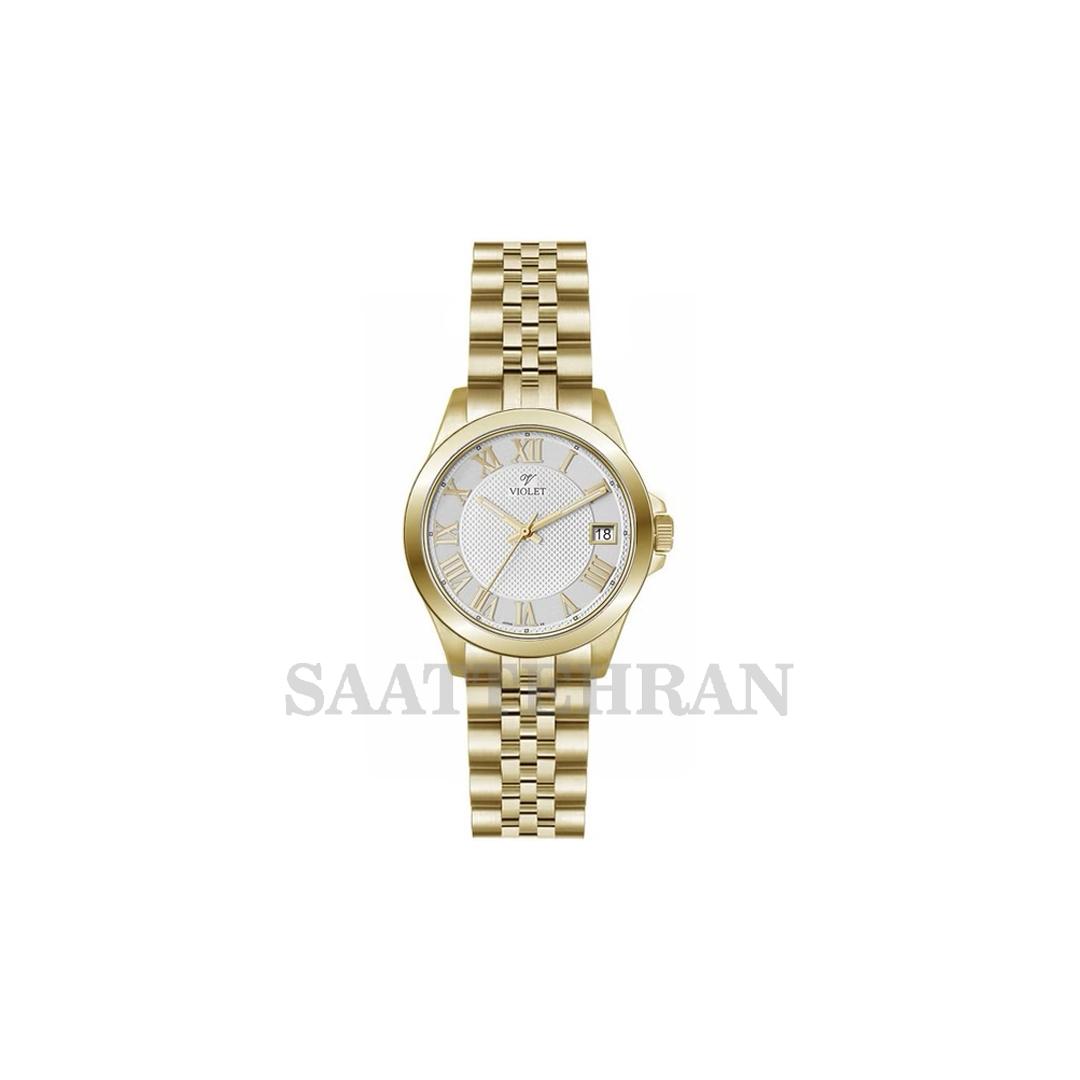 ساعت-مچی-ویولت,-زنانه-تک-موتوره,-گرد-فلزی,-دورنگ-طلایی-صفحه-سفید-کد-0576-2